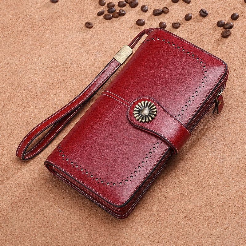 image-Hollow Women Clutch Leather Wallet Female Long Wallet Women Zipper Purse Strap Money Bag Purse