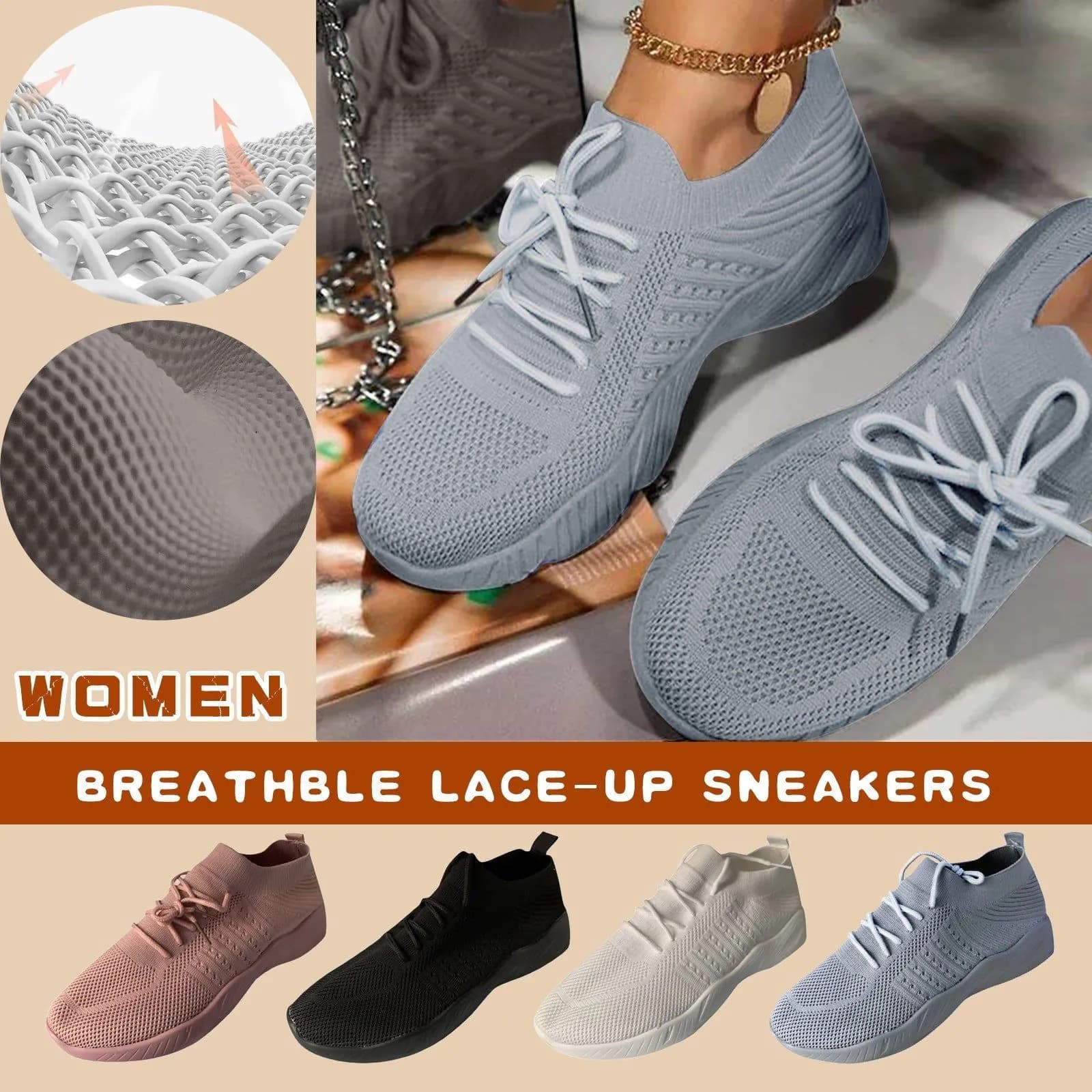 image-Tennis Female Fashion Women Large Size Platform Solid Color Lace-up Flying Knitted Sneakers Outdoor Walking Shoes