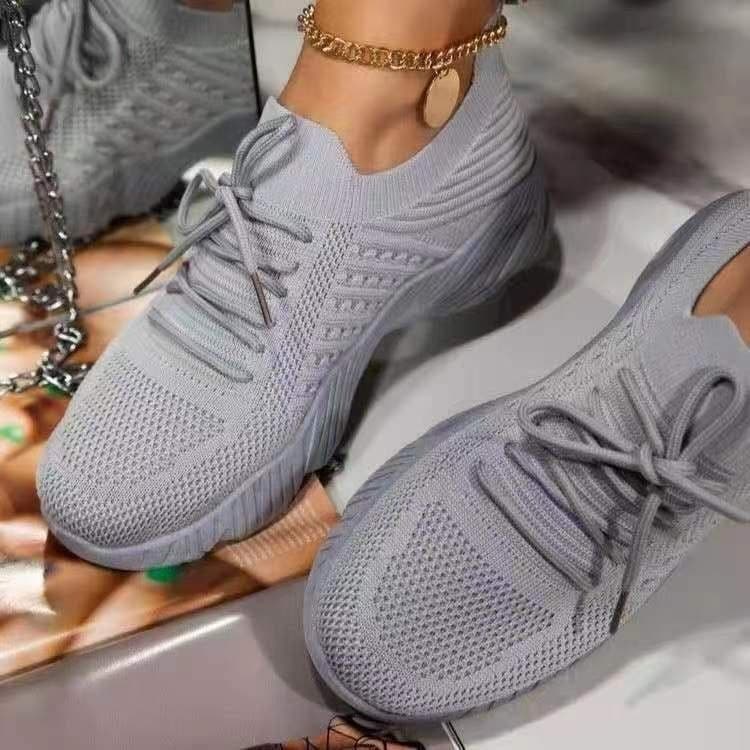 image-Tennis Female Fashion Women Large Size Platform Solid Color Lace-up Flying Knitted Sneakers Outdoor Walking Shoes