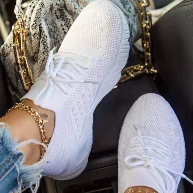 image-Tennis Female Fashion Women Large Size Platform Solid Color Lace-up Flying Knitted Sneakers Outdoor Walking Shoes