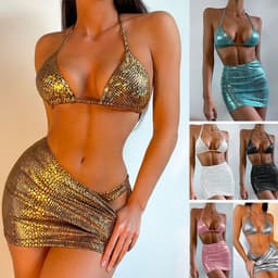 image-Women's 3 Piece Bathing Suits Halter Snake Pattern Bikini Set With Cover Up Skirt Summer Swimsuit