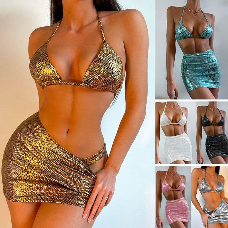 image-Women's 3 Piece Bathing Suits Halter Snake Pattern Bikini Set With Cover Up Skirt Summer Swimsuit