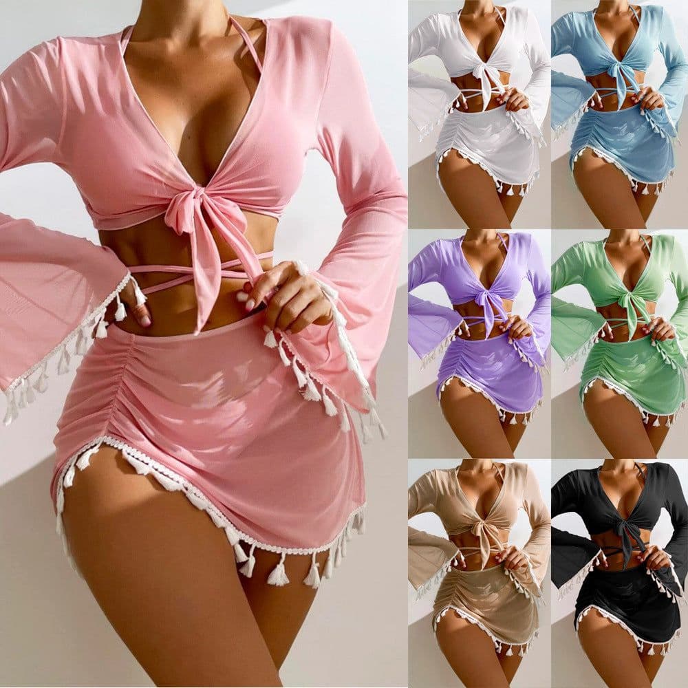 image-4pcs Solid Color Bikini With Short Skirt And Long Sleeve Cover-up Fashion Bow Tie Fringed Swimsuit Set Summer Beach Womens Clothing