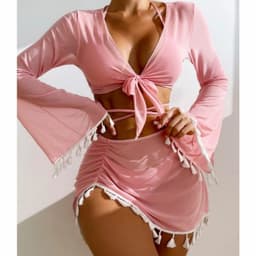 image-4pcs Solid Color Bikini With Short Skirt And Long Sleeve Cover-up Fashion Bow Tie Fringed Swimsuit Set Summer Beach Womens Clothing