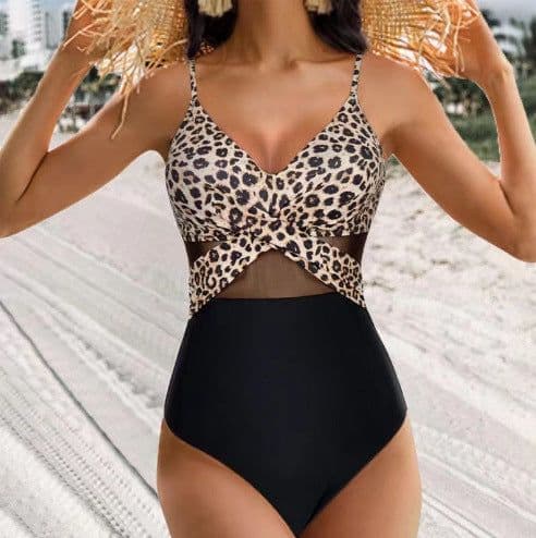 image-Halter-neck One-piece Swimsuit Summer Solid Color Cross-strap Design Mesh Bikini Beach Vacation Womens Clothing