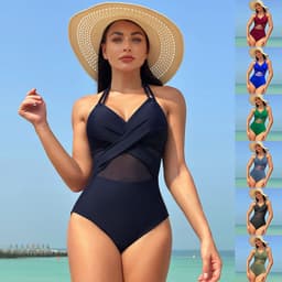 image-Halter-neck One-piece Swimsuit Summer Solid Color Cross-strap Design Mesh Bikini Beach Vacation Womens Clothing