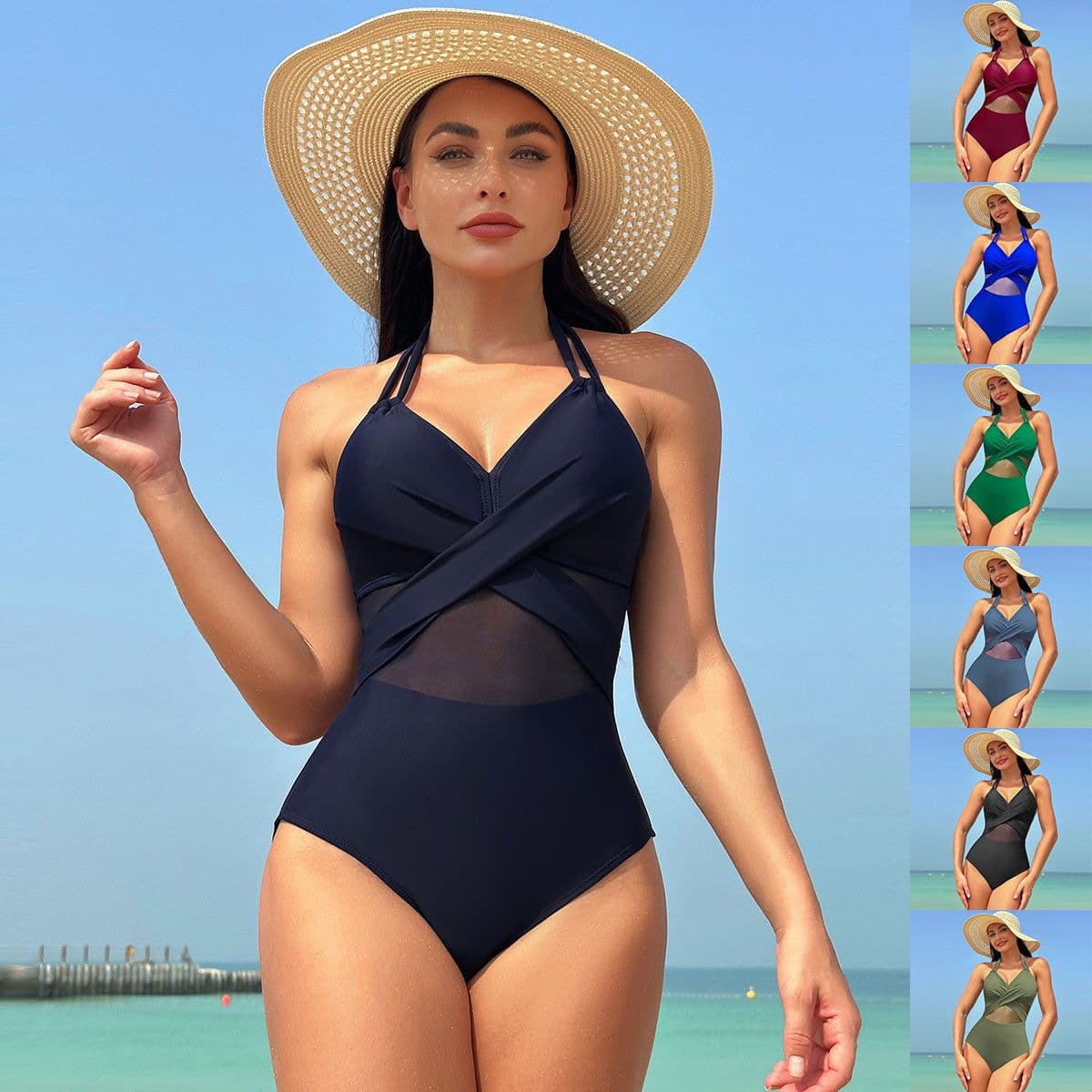 image-Halter-neck One-piece Swimsuit Summer Solid Color Cross-strap Design Mesh Bikini Beach Vacation Womens Clothing
