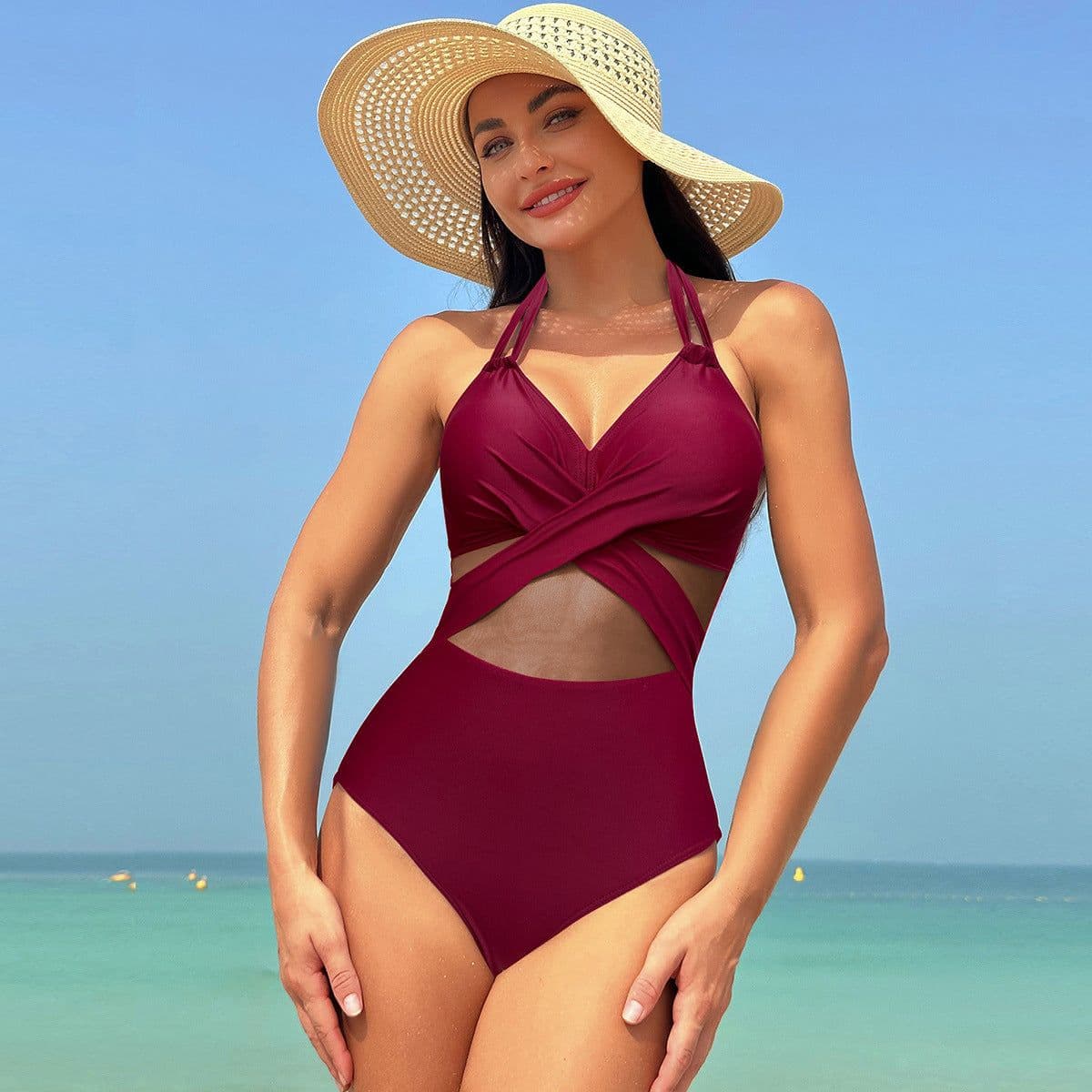 image-Halter-neck One-piece Swimsuit Summer Solid Color Cross-strap Design Mesh Bikini Beach Vacation Womens Clothing