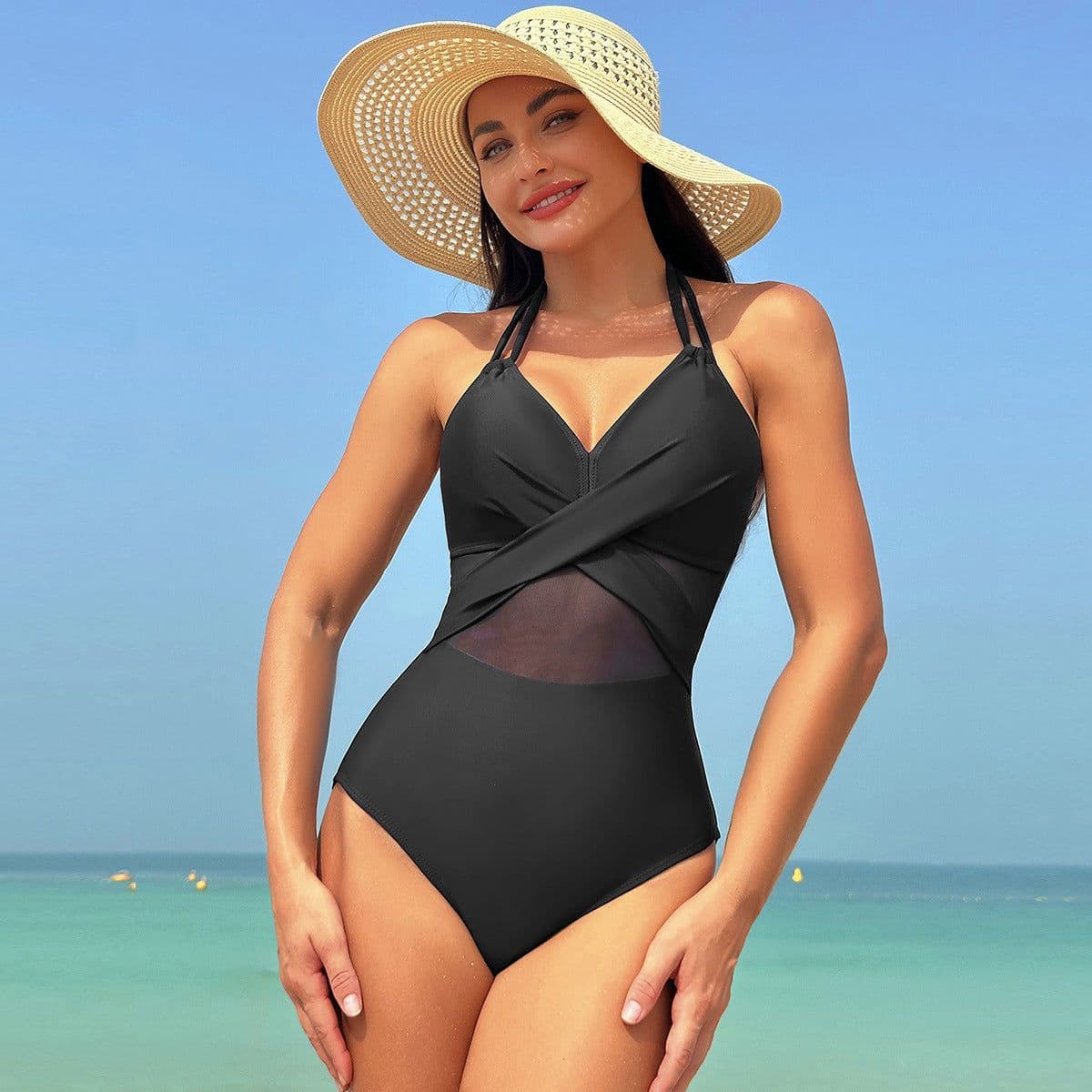 image-Halter-neck One-piece Swimsuit Summer Solid Color Cross-strap Design Mesh Bikini Beach Vacation Womens Clothing