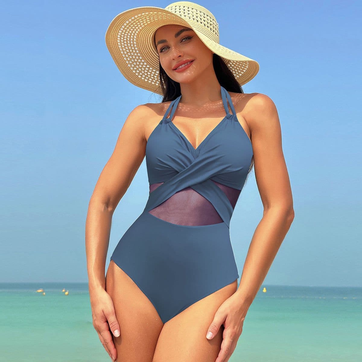 image-Halter-neck One-piece Swimsuit Summer Solid Color Cross-strap Design Mesh Bikini Beach Vacation Womens Clothing