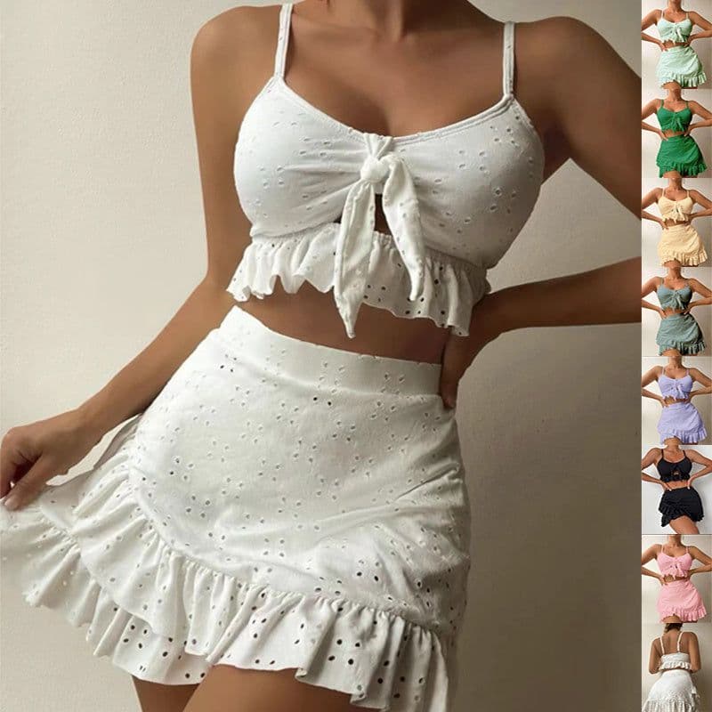 image-3pcs Beach Bikini With Hip-hugging Skirt Fashion Ruffle Design Swimsuit Set Summer Womens Clothing