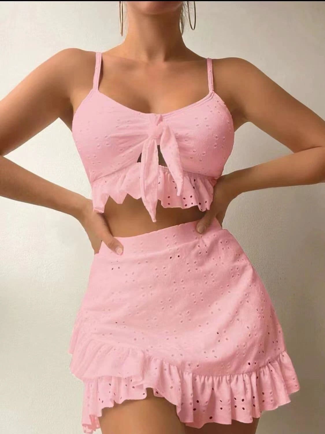 image-3pcs Beach Bikini With Hip-hugging Skirt Fashion Ruffle Design Swimsuit Set Summer Womens Clothing