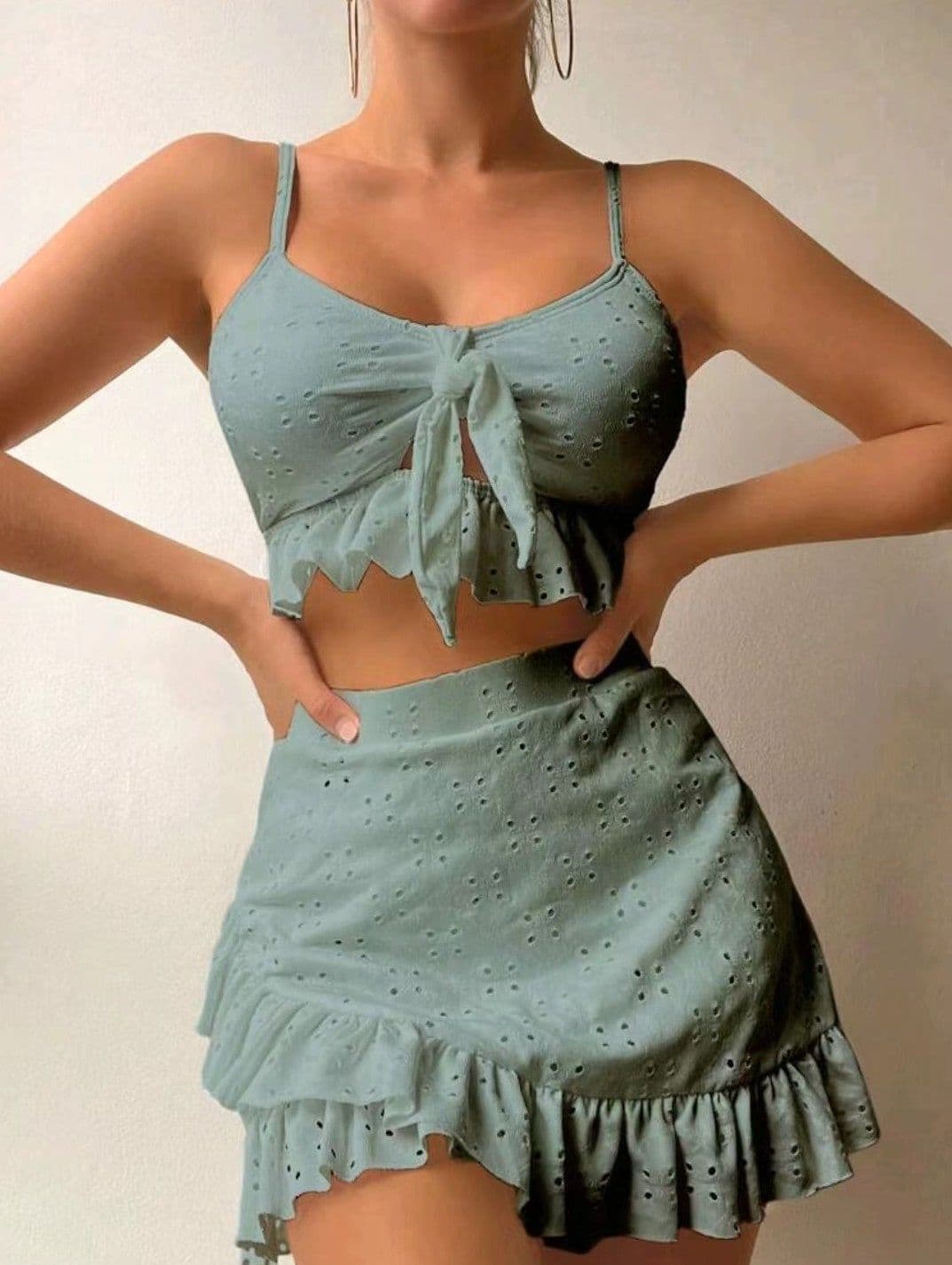 image-3pcs Beach Bikini With Hip-hugging Skirt Fashion Ruffle Design Swimsuit Set Summer Womens Clothing