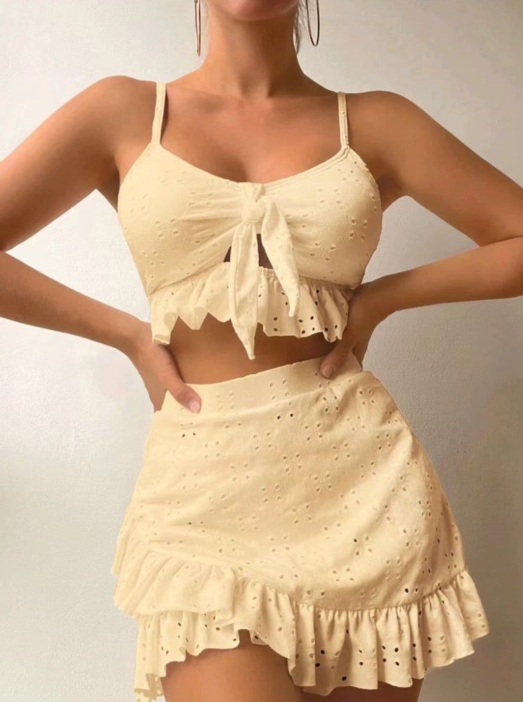 image-3pcs Beach Bikini With Hip-hugging Skirt Fashion Ruffle Design Swimsuit Set Summer Womens Clothing