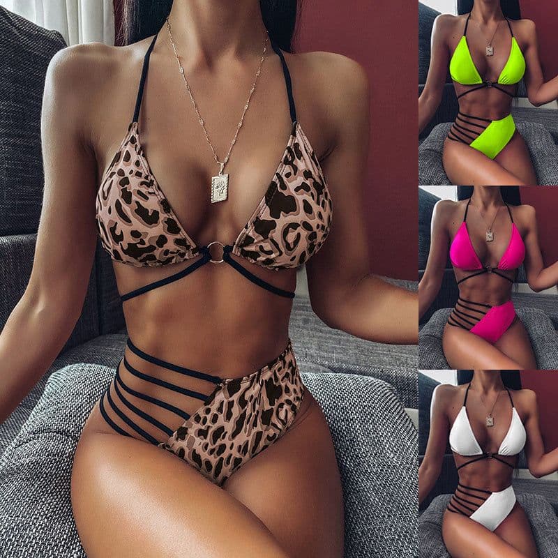 image-Two-piece Halter Neck Bikini Leopard Print Cutout Strap Swimsuit Set Summer Beach Womens Clothing