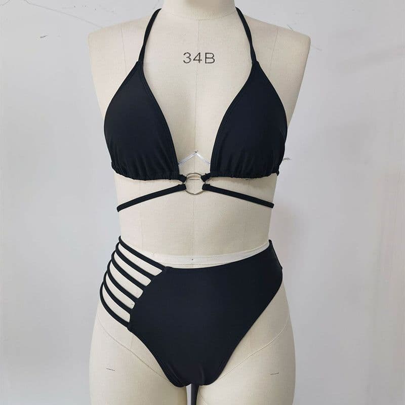 image-Two-piece Halter Neck Bikini Leopard Print Cutout Strap Swimsuit Set Summer Beach Womens Clothing