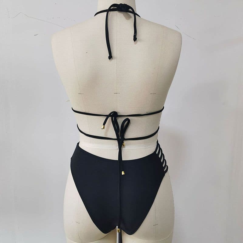 image-Two-piece Halter Neck Bikini Leopard Print Cutout Strap Swimsuit Set Summer Beach Womens Clothing
