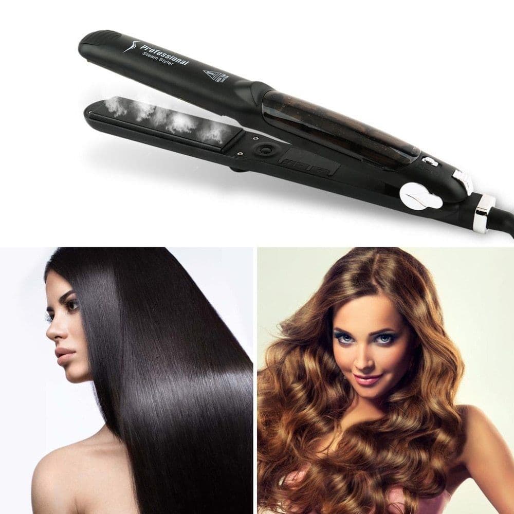 image-Steam Function Flat Iron Tourmaline Ceramic Vapor Professional Hair Straightener with Argan Oil Infusion Straightening Irons