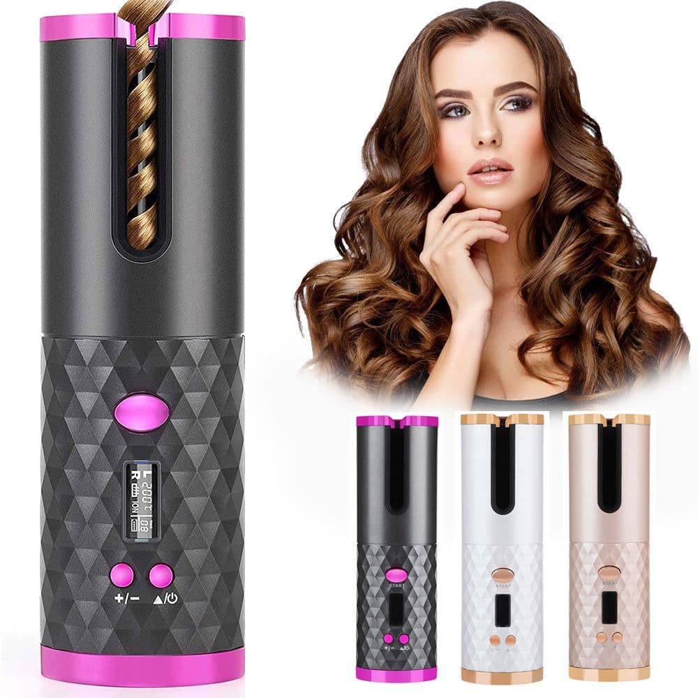 image-Rechargeable Automatic Hair Curler Women Portable Hair Curling Iron LCD Display Ceramic Curly Rotating Curling Wave Styer