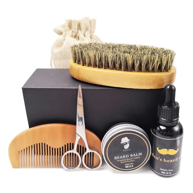 image-Beard wax beard oil wood comb bristle bristle brush shaving scissors set