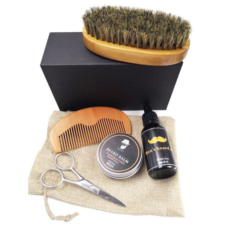 image-Beard wax beard oil wood comb bristle bristle brush shaving scissors set