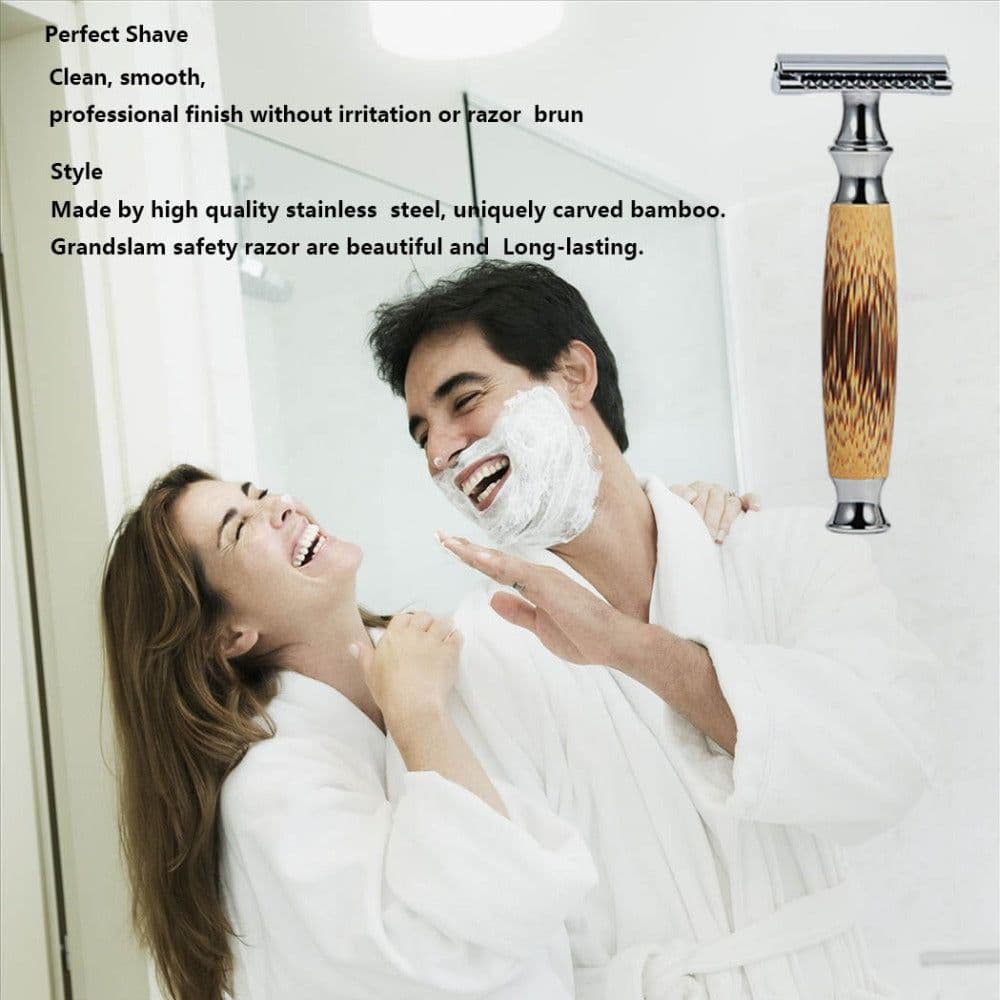 image-Double Edged Safety Razor with Long Natural Bamboo Handle Experience A Better Shave Grand slam Friendly Male Grooming