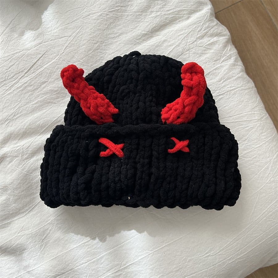 image-Wool Hat Cute Little Devil Mask Horn Hood Thickened Warm Knitted Hat Sweet Cool Style Autumn And Winter