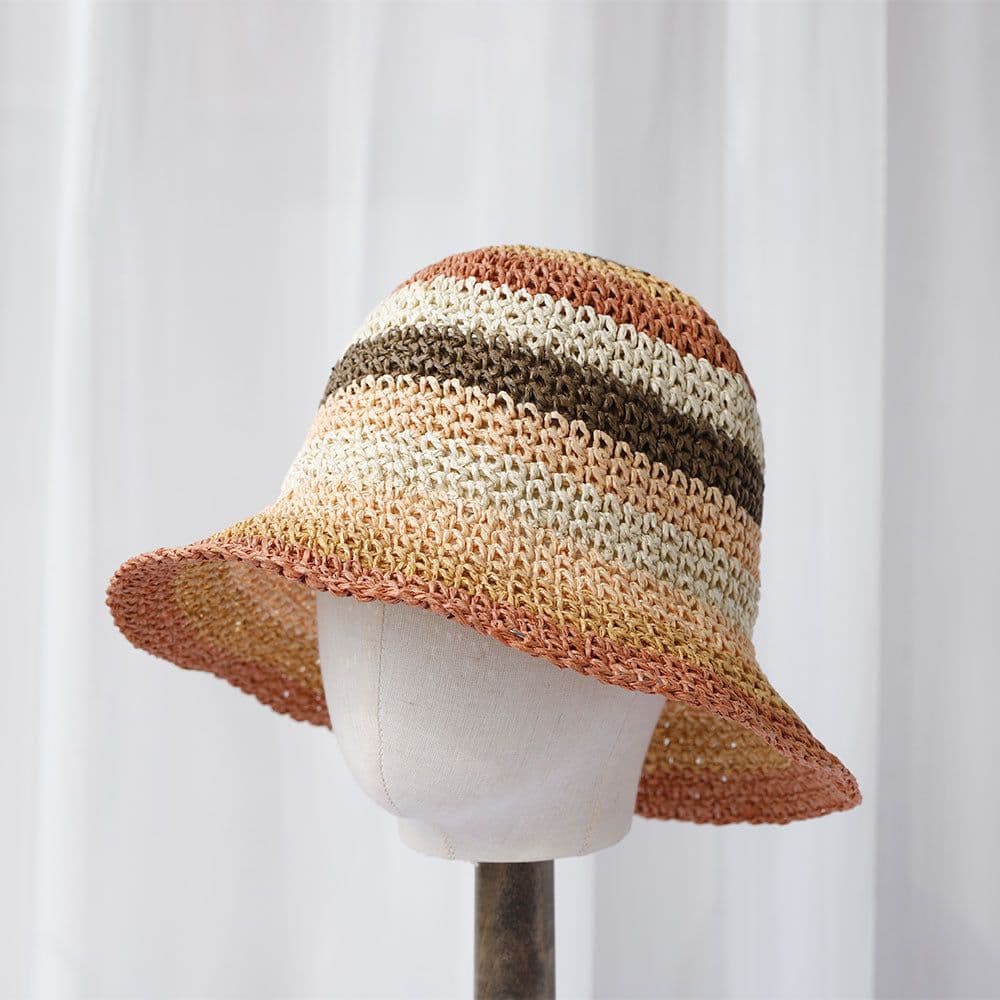 image-Striped Handmade Crocheted Rainbow Straw Hat For Women Foldable Sun-proof