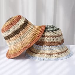 image-Striped Handmade Crocheted Rainbow Straw Hat For Women Foldable Sun-proof