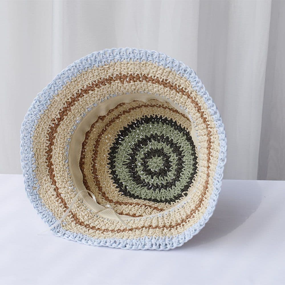 image-Striped Handmade Crocheted Rainbow Straw Hat For Women Foldable Sun-proof