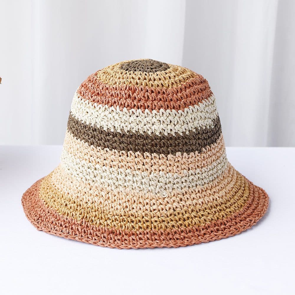 image-Striped Handmade Crocheted Rainbow Straw Hat For Women Foldable Sun-proof