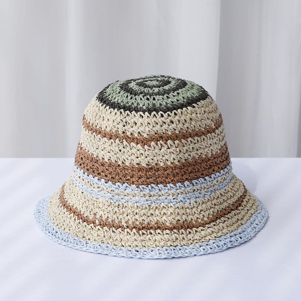 image-Striped Handmade Crocheted Rainbow Straw Hat For Women Foldable Sun-proof