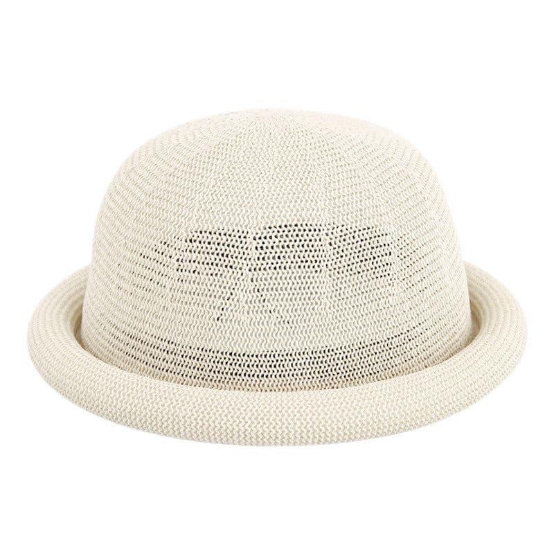image-Women's Straw Yarn Curled Brim Round Crown Top Hat Leisure Basin Hat