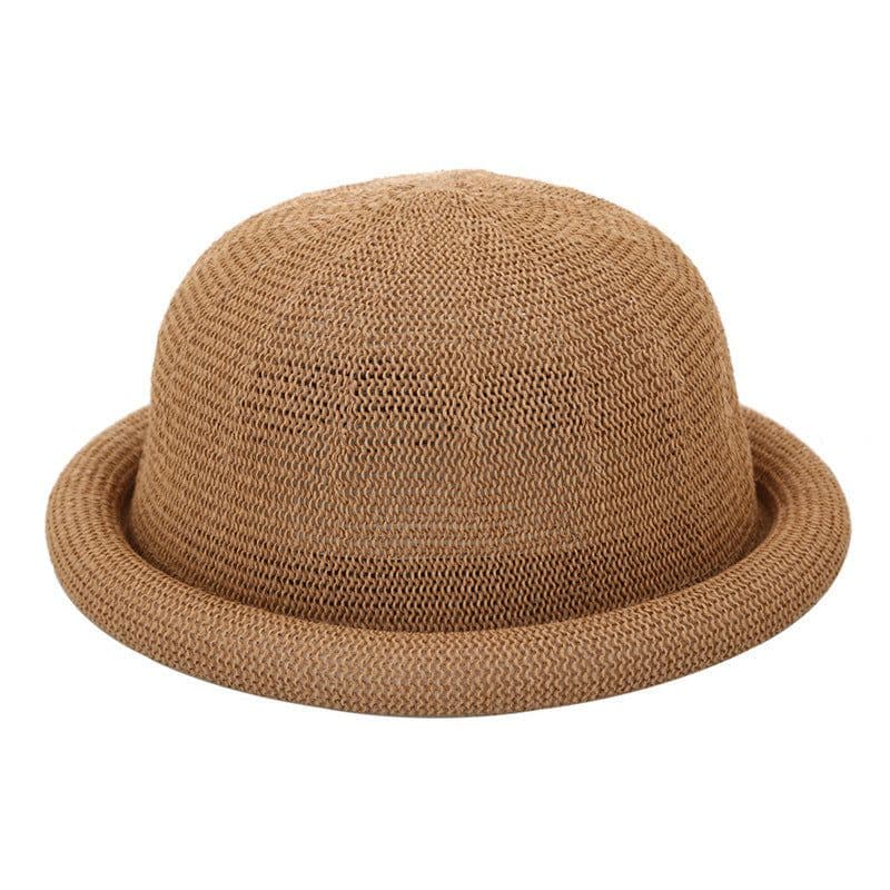 image-Women's Straw Yarn Curled Brim Round Crown Top Hat Leisure Basin Hat