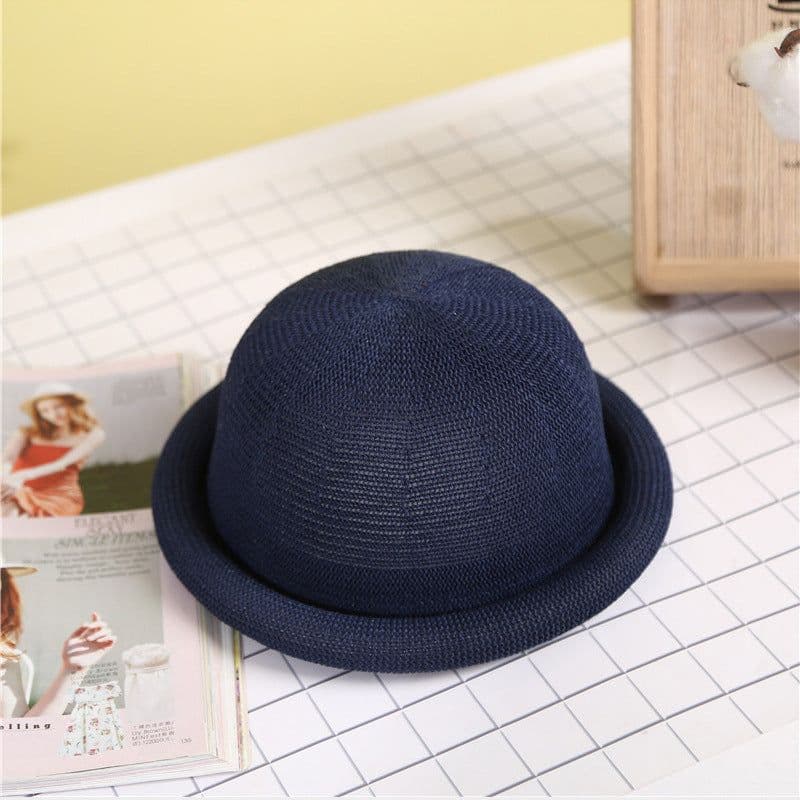 image-Women's Straw Yarn Curled Brim Round Crown Top Hat Leisure Basin Hat