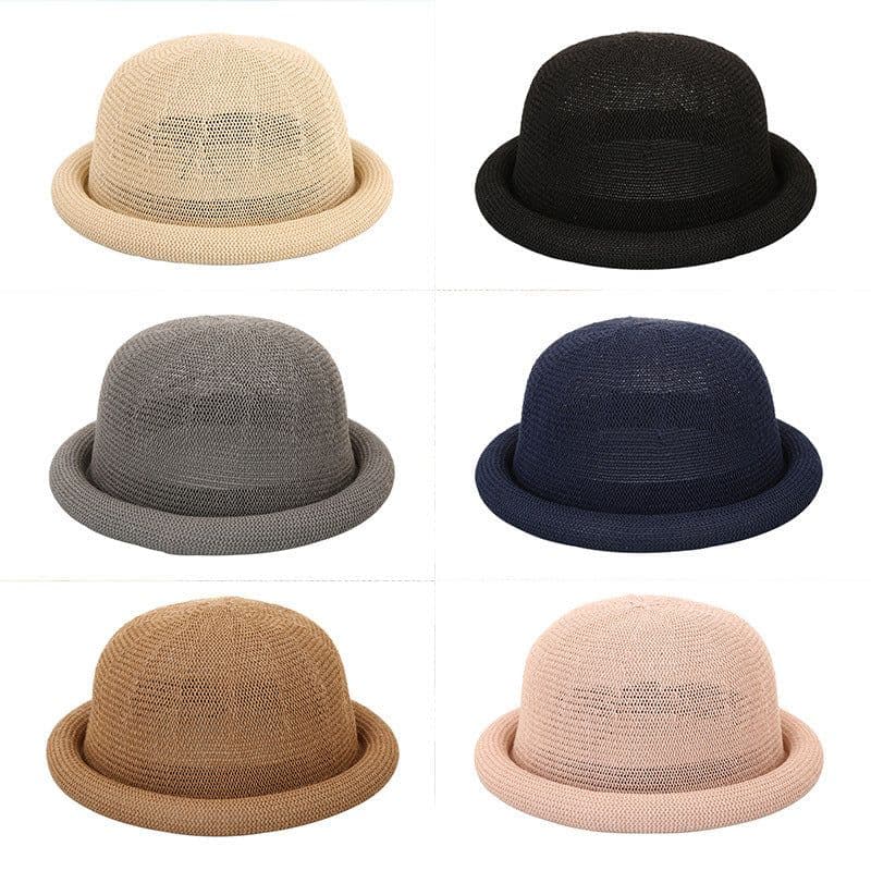 image-Women's Straw Yarn Curled Brim Round Crown Top Hat Leisure Basin Hat