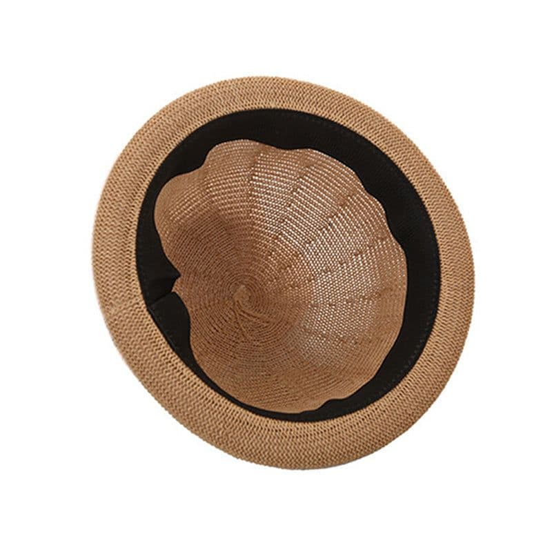 image-Women's Straw Yarn Curled Brim Round Crown Top Hat Leisure Basin Hat