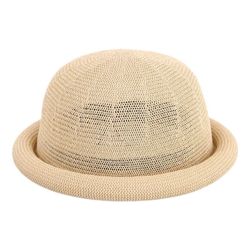 image-Women's Straw Yarn Curled Brim Round Crown Top Hat Leisure Basin Hat