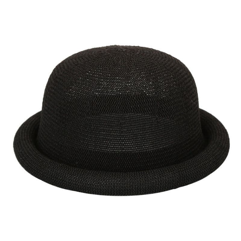 image-Women's Straw Yarn Curled Brim Round Crown Top Hat Leisure Basin Hat