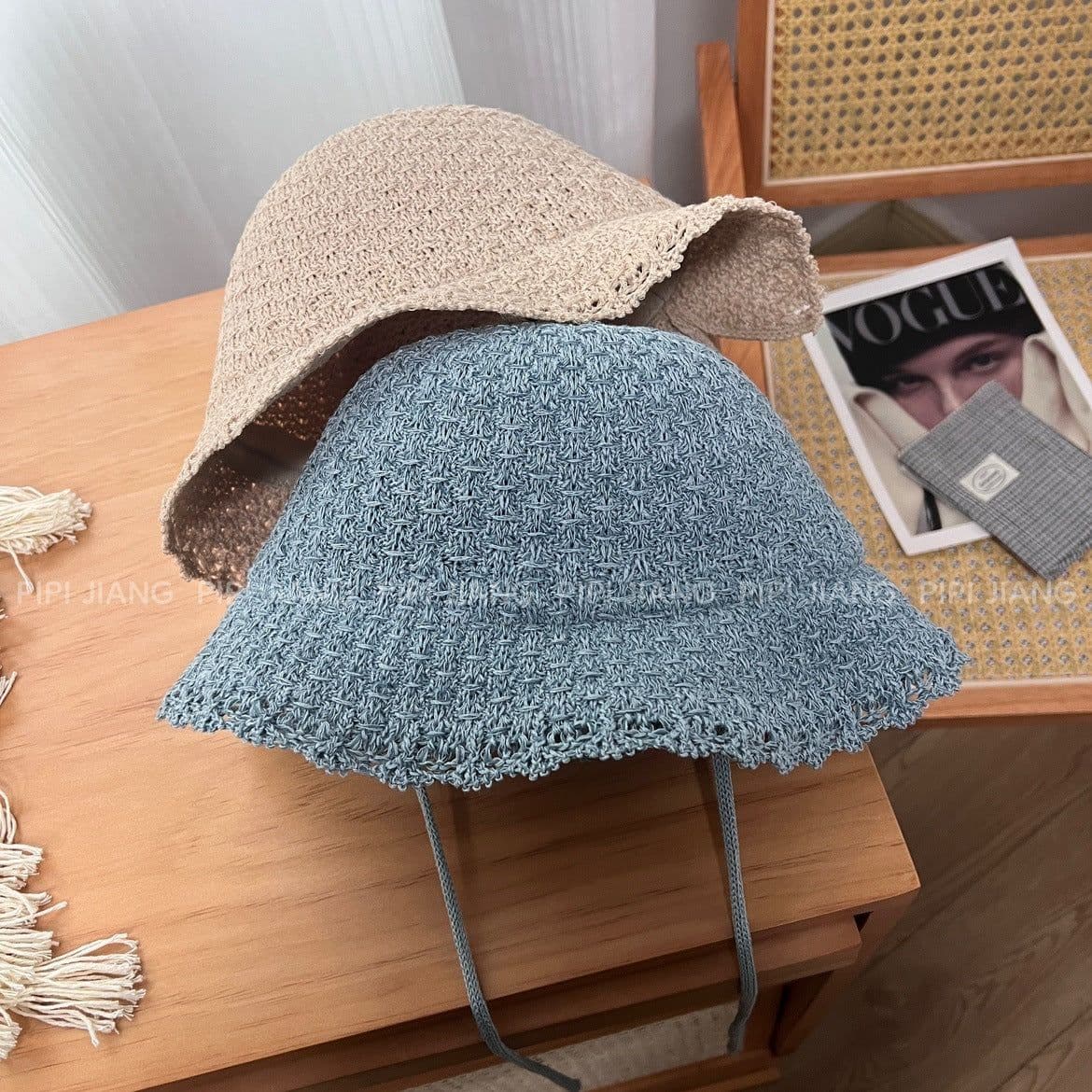 image-Knitted Lace-up Bow Lace Gentle Outing Sunshade Mori Bucket Hat