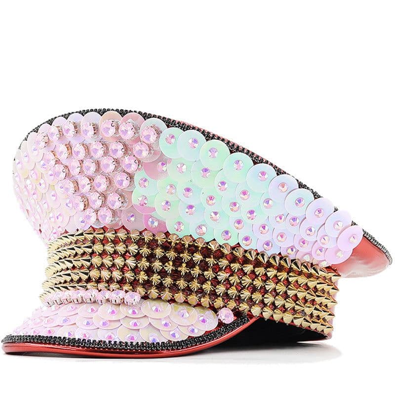 image-Women's Wedding Cap Pink Sequin Diamond Photography Hat Peaked Cap Party Carnival Flat-top Hat Performance Cap