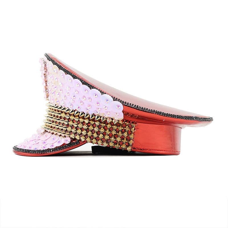 image-Women's Wedding Cap Pink Sequin Diamond Photography Hat Peaked Cap Party Carnival Flat-top Hat Performance Cap
