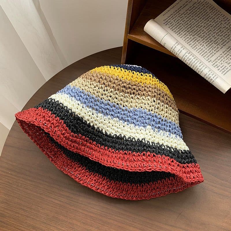 image-Rainbow Straw Bucket Hat Women's Summer Breathable Sun-proof Sun Protection