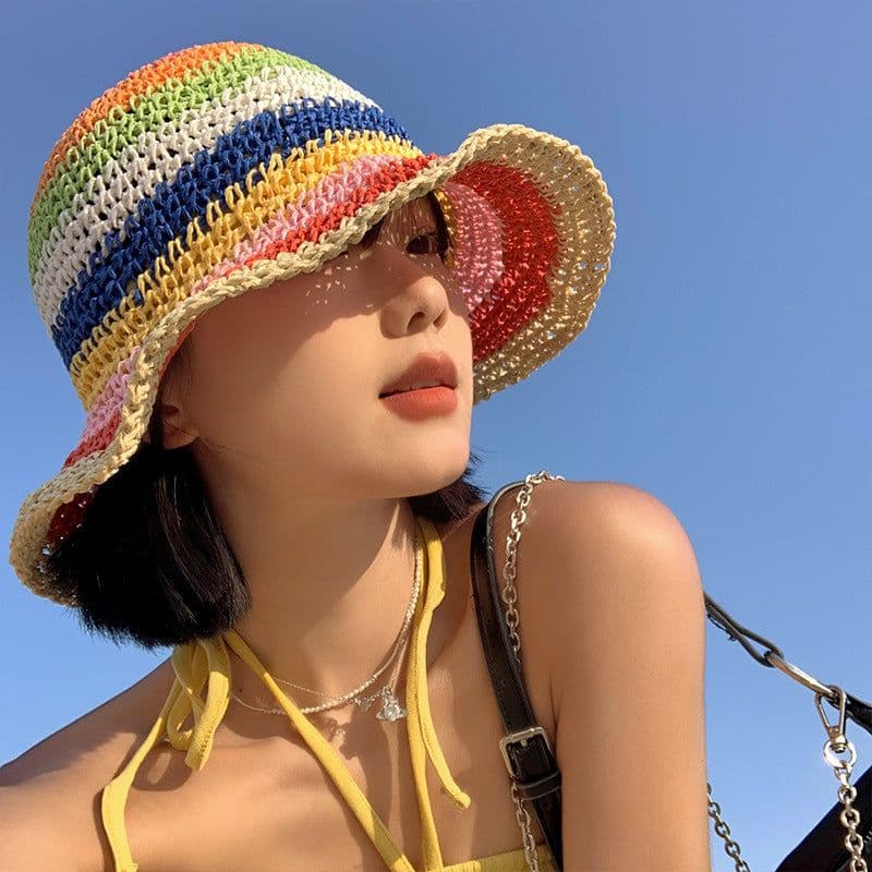 image-Rainbow Straw Bucket Hat Women's Summer Breathable Sun-proof Sun Protection
