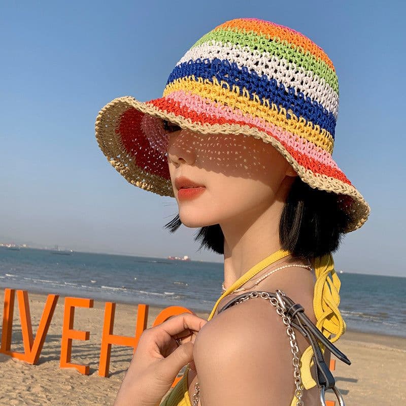 image-Rainbow Straw Bucket Hat Women's Summer Breathable Sun-proof Sun Protection