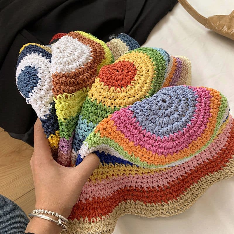 image-Rainbow Straw Bucket Hat Women's Summer Breathable Sun-proof Sun Protection