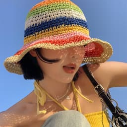 image-Rainbow Straw Bucket Hat Women's Summer Breathable Sun-proof Sun Protection