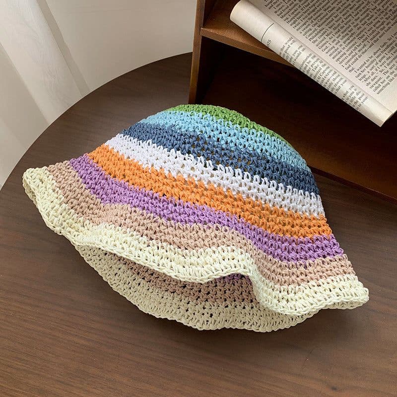 image-Rainbow Straw Bucket Hat Women's Summer Breathable Sun-proof Sun Protection