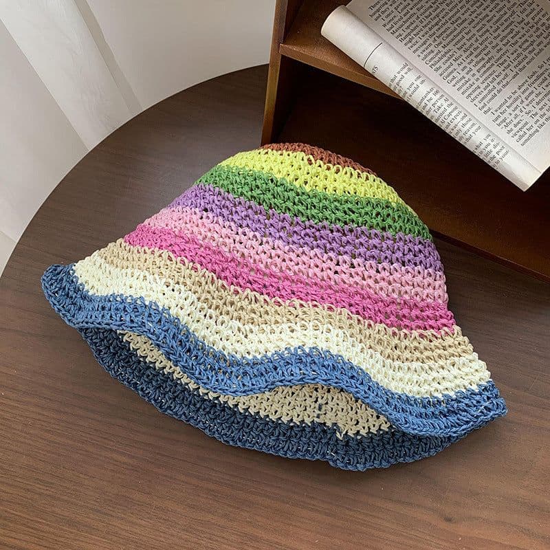 image-Rainbow Straw Bucket Hat Women's Summer Breathable Sun-proof Sun Protection