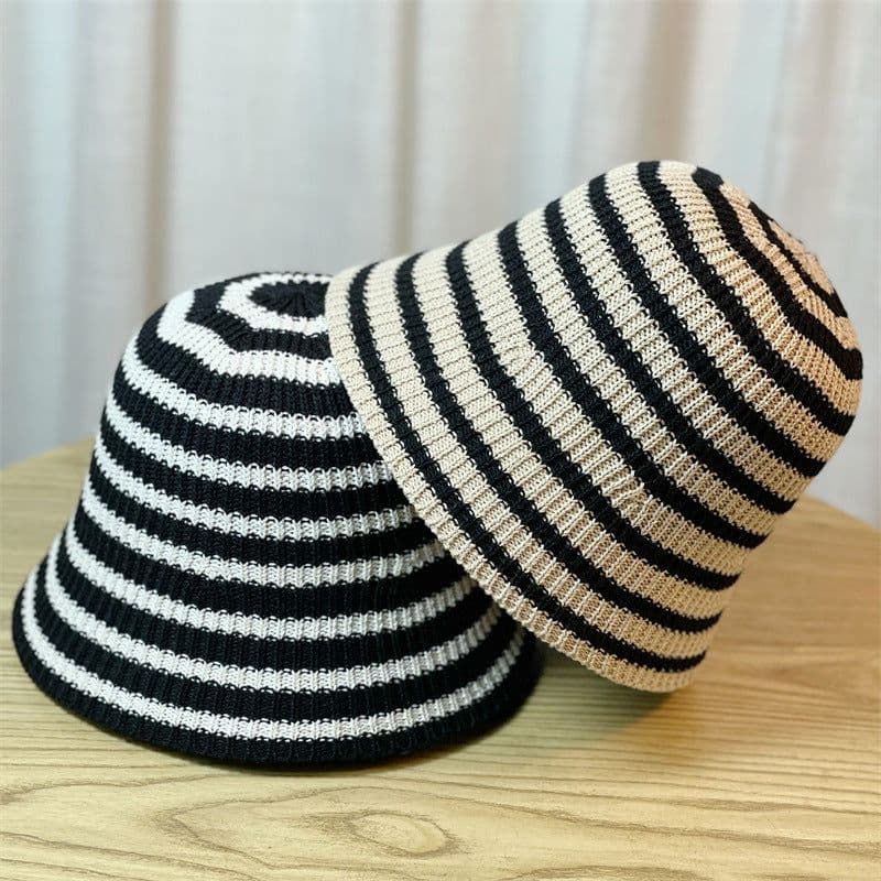 image-Sunshade Leisure Striped Knitted Dome Bucket Foldable Tide Bucket Hat